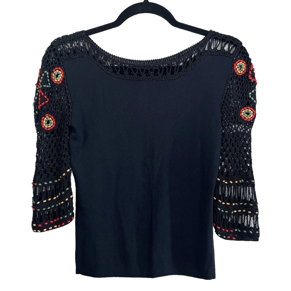 Beaded Lace Applique Sleeve Top Black Crochet Boat Neck Size Small